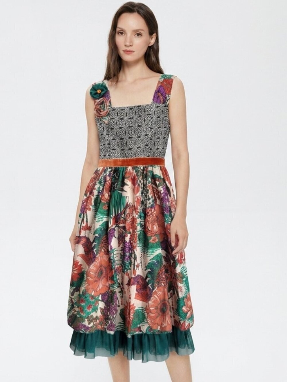 NWT Vintage Floral Mesh Hem Sleeveless Square Neckline Boho Eclectic Midi Dress